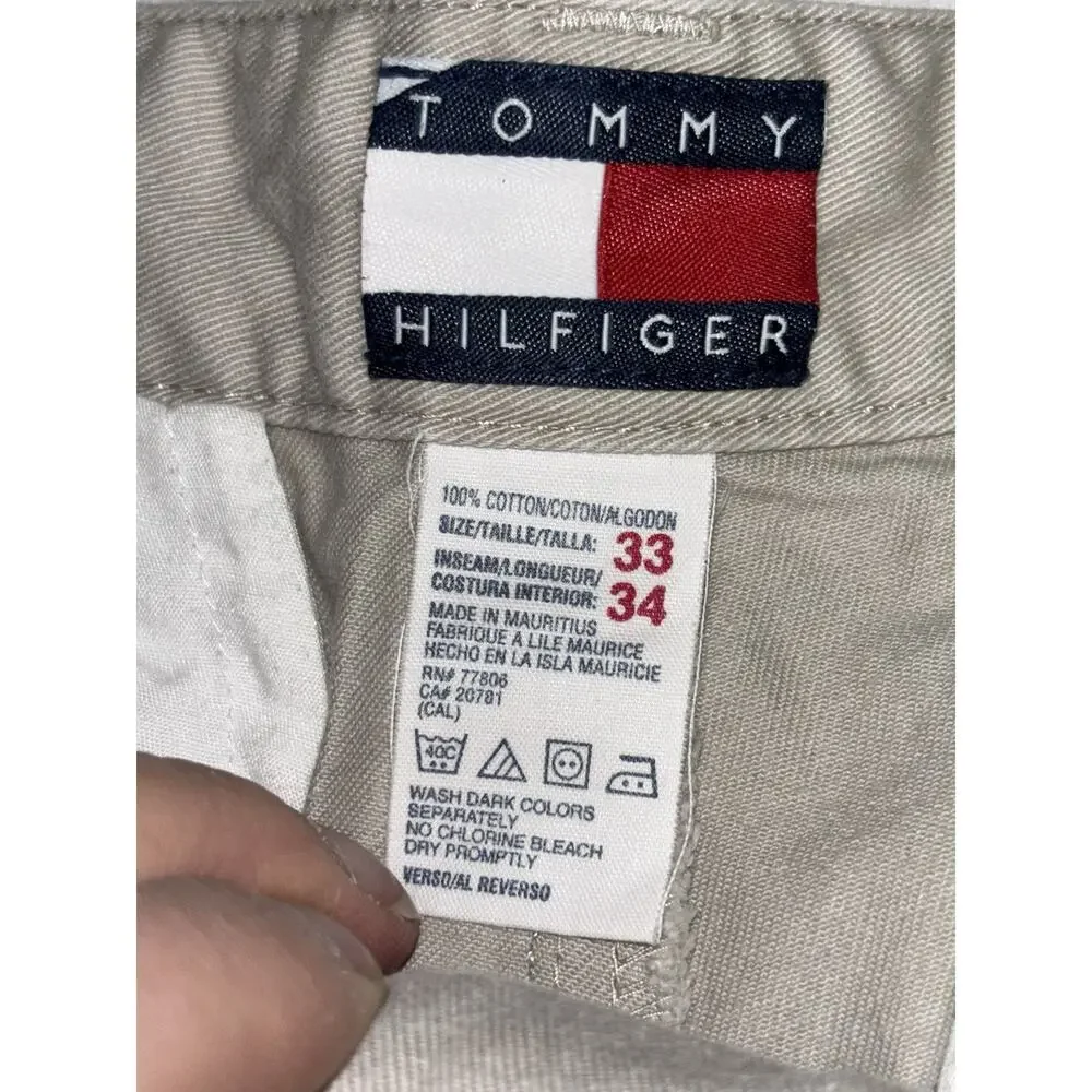 33X33 Tommy Hilfiger Tan Khaki Chino Pants Mens Flat Front Logo Flag Cotton EUC
